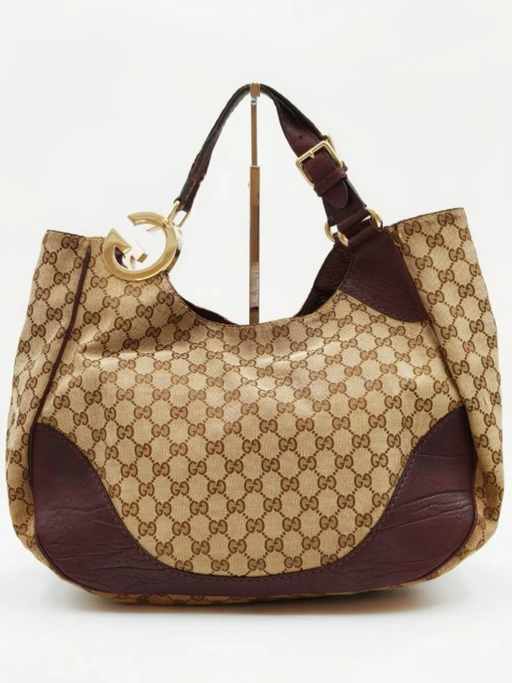 Gucci GG Canvas Horsebit Hobo Shoulder Bag Beige Brown Monogram Leather Large